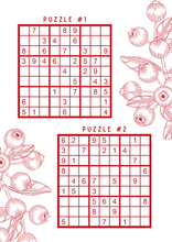 Load image into Gallery viewer, Two Sudoku puzzles with decorative berry illustrations on a white background