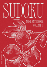 Load image into Gallery viewer, Sudoku mini anthology volume 1 cover with red background and white illustrations of berries and leaves.