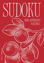 Load image into Gallery viewer, Sudoku mini anthology volume 1 cover with red background and white illustrations of berries and leaves.
